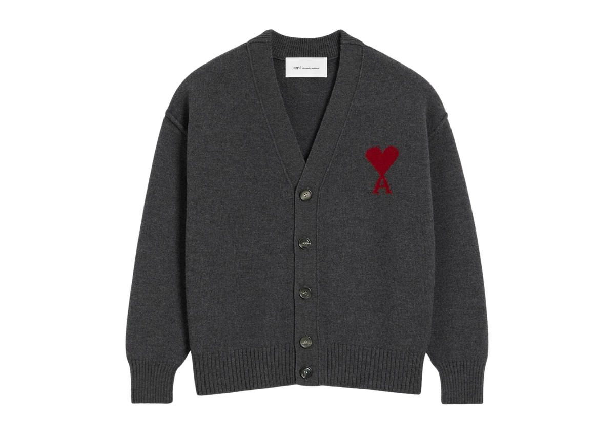 Ami Paris Ami De Coeur Contrasted Merino Wool Cardigan Grey Red