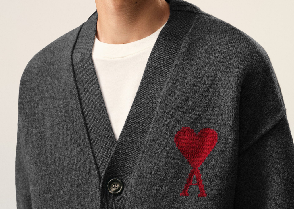 Ami Paris Ami De Coeur Contrasted Merino Wool Cardigan Grey Red