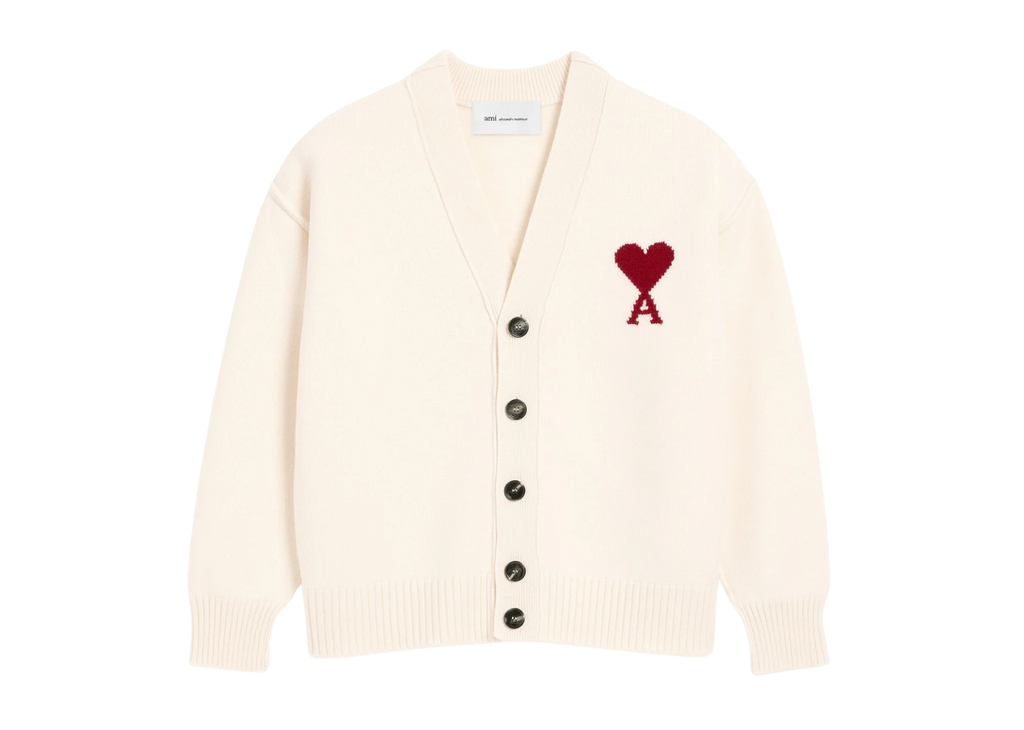 Ami Paris Ami De Coeur Contrasted Merino Wool Cardigan White Red