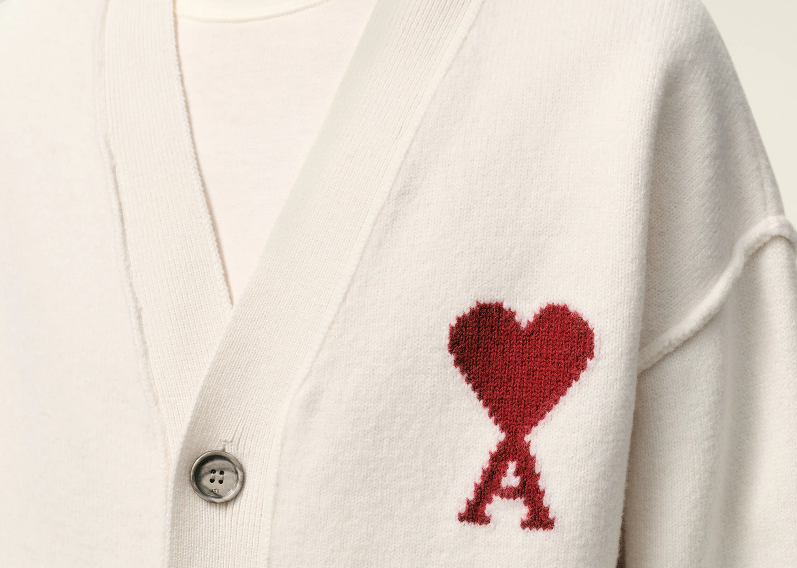 Ami Paris Ami De Coeur Contrasted Merino Wool Cardigan White Red