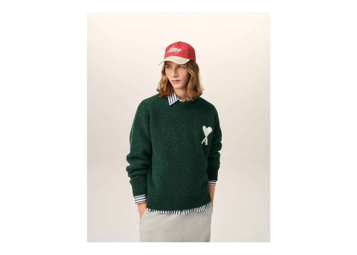 Ami Paris Ami De Coeur Crewneck Alpaca Sweater Bottle Green/Ecru