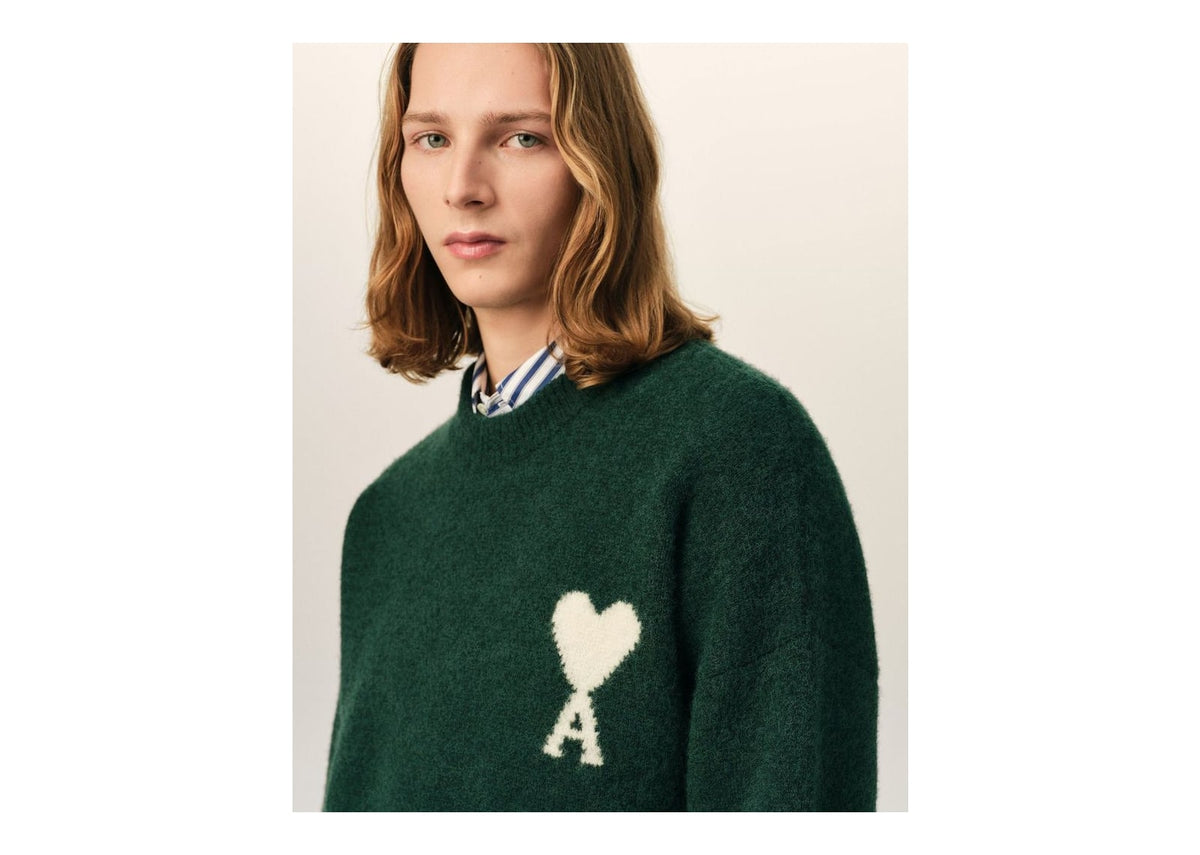 Ami Paris Ami De Coeur Crewneck Alpaca Sweater Bottle Green/Ecru