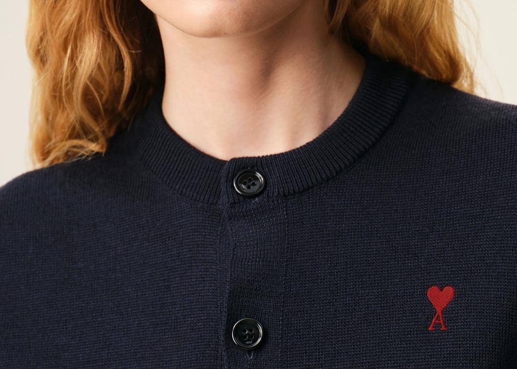 Ami Paris Ami De Coeur Crewneck Wool Cardigan Blue
