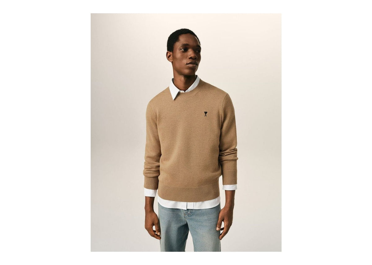 Ami Paris Ami De Coeur Crewneck Wool Sweater Camel Chine/Black