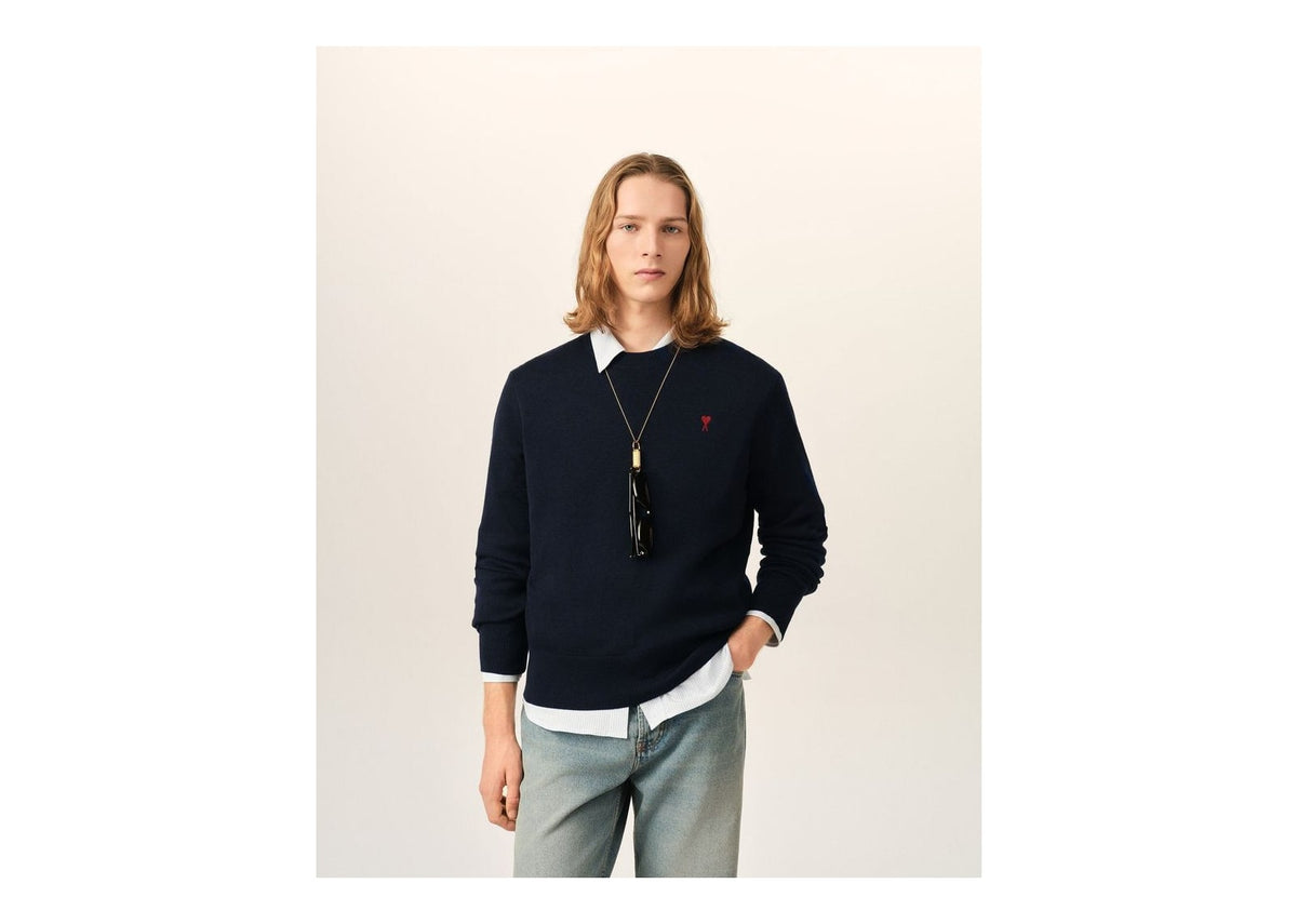 Ami Paris Ami De Coeur Crewneck Wool Sweater Navy/Red