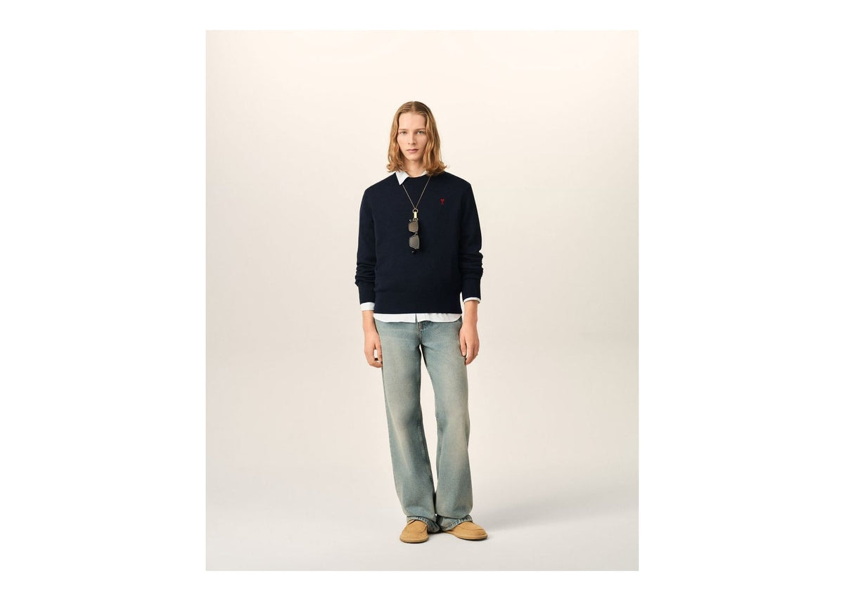Ami Paris Ami De Coeur Crewneck Wool Sweater Navy/Red