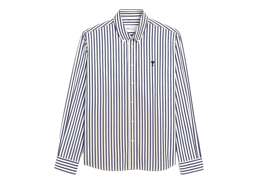 Ami Paris Ami De Coeur Striped Cotton Shirt Royal Blue/White