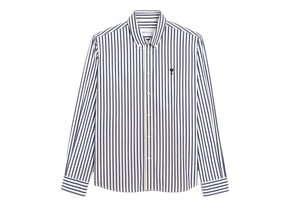 Ami Paris Ami De Coeur Striped Cotton Shirt Royal Blue/White