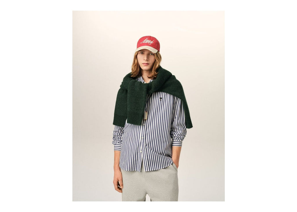 Ami Paris Ami De Coeur Striped Cotton Shirt Royal Blue/White
