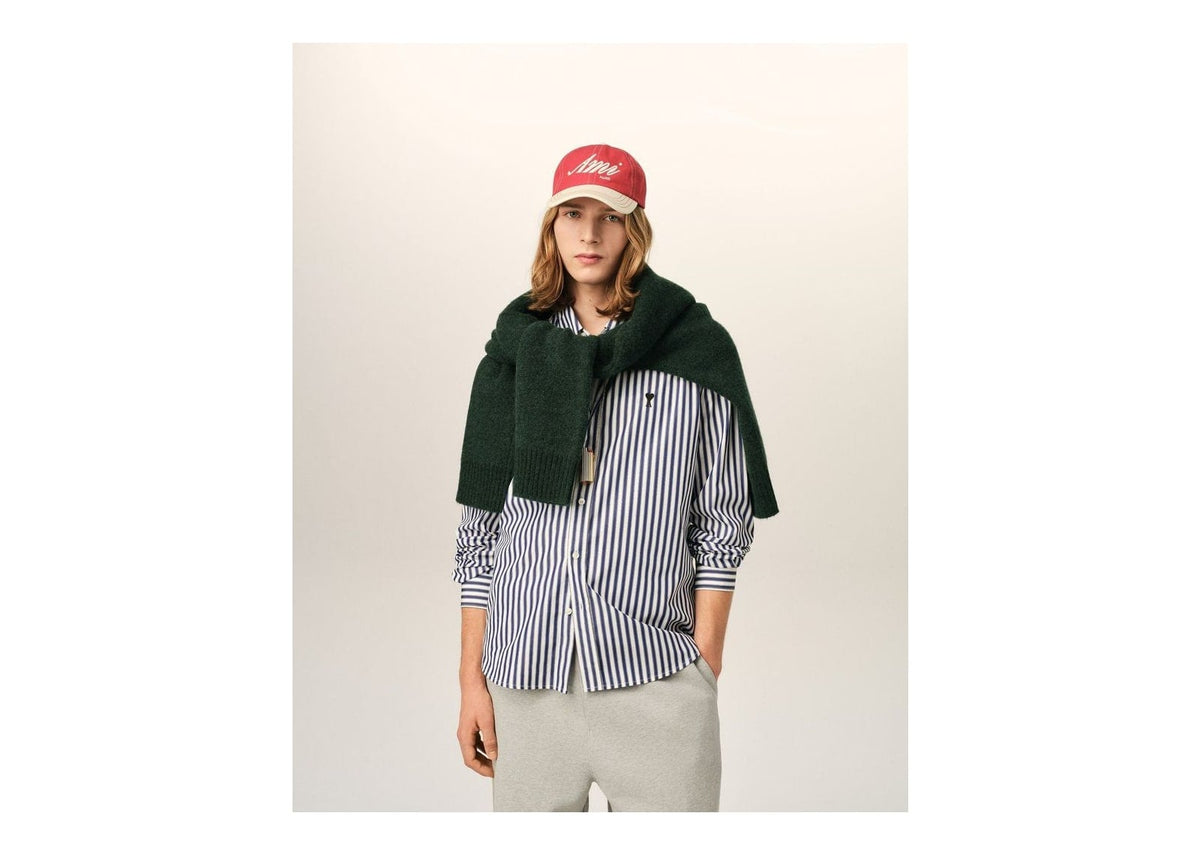 Ami Paris Ami De Coeur Striped Cotton Shirt Royal Blue/White