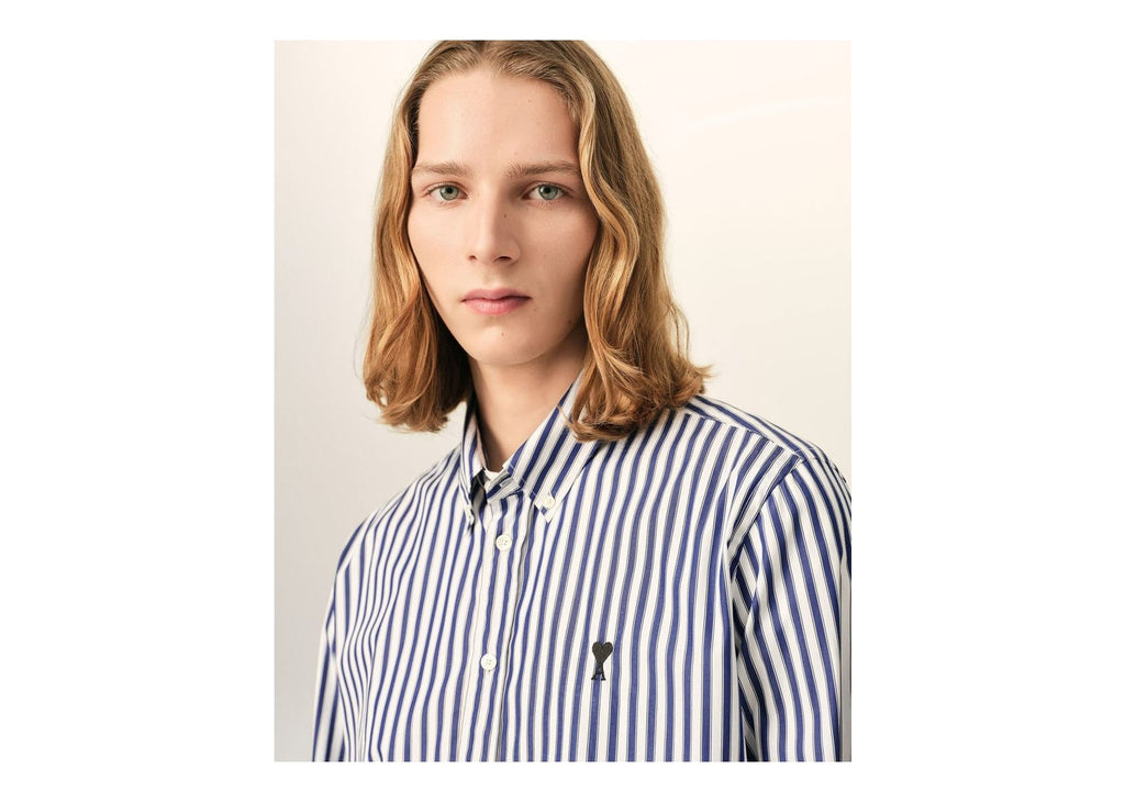 Ami Paris Ami De Coeur Striped Cotton Shirt Royal Blue/White