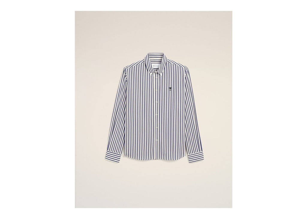 Ami Paris Ami De Coeur Striped Cotton Shirt Royal Blue/White
