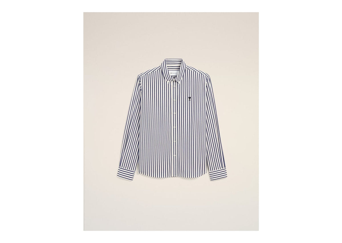 Ami Paris Ami De Coeur Striped Cotton Shirt Royal Blue/White