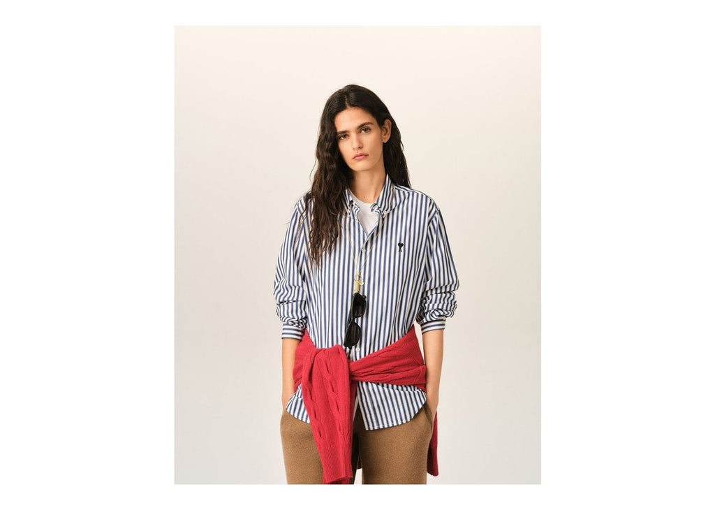 Ami Paris Ami De Coeur Striped Cotton Shirt Royal Blue/White