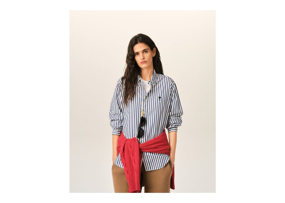 Ami Paris Ami De Coeur Striped Cotton Shirt Royal Blue/White