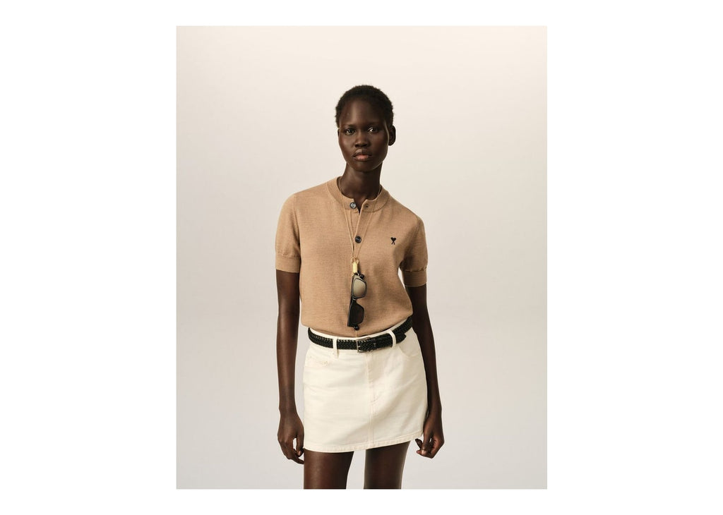 Ami Paris Ami De Coeur Wool Short-Sleeve Cardigan Camel Chine/Black (W)