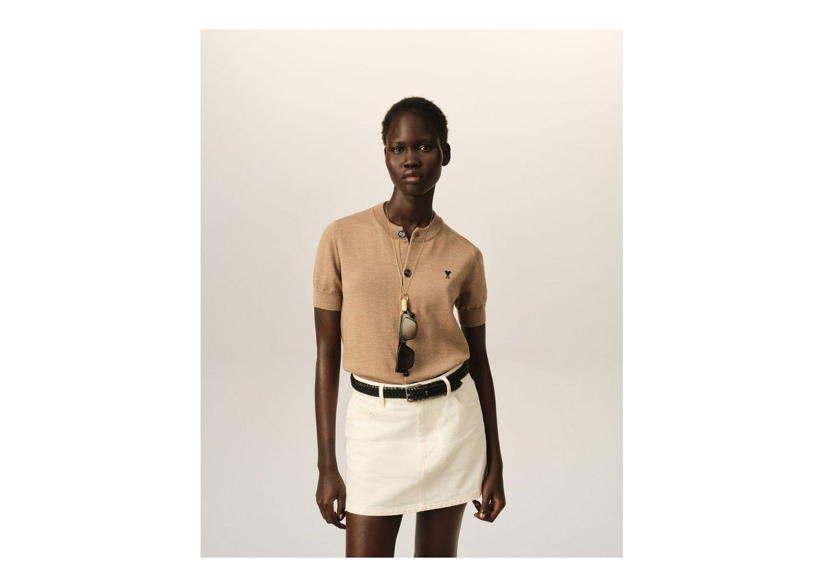 Ami Paris Ami De Coeur Wool Short-Sleeve Cardigan Camel Chine/Black (W)