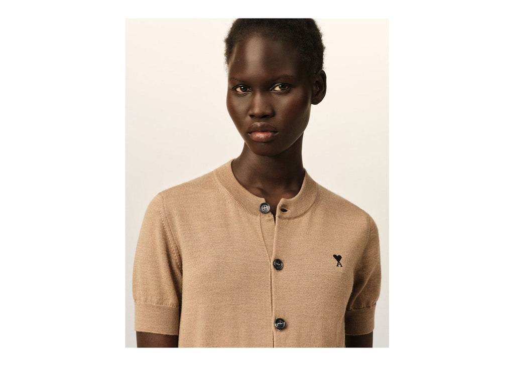 Ami Paris Ami De Coeur Wool Short-Sleeve Cardigan Camel Chine/Black (W)