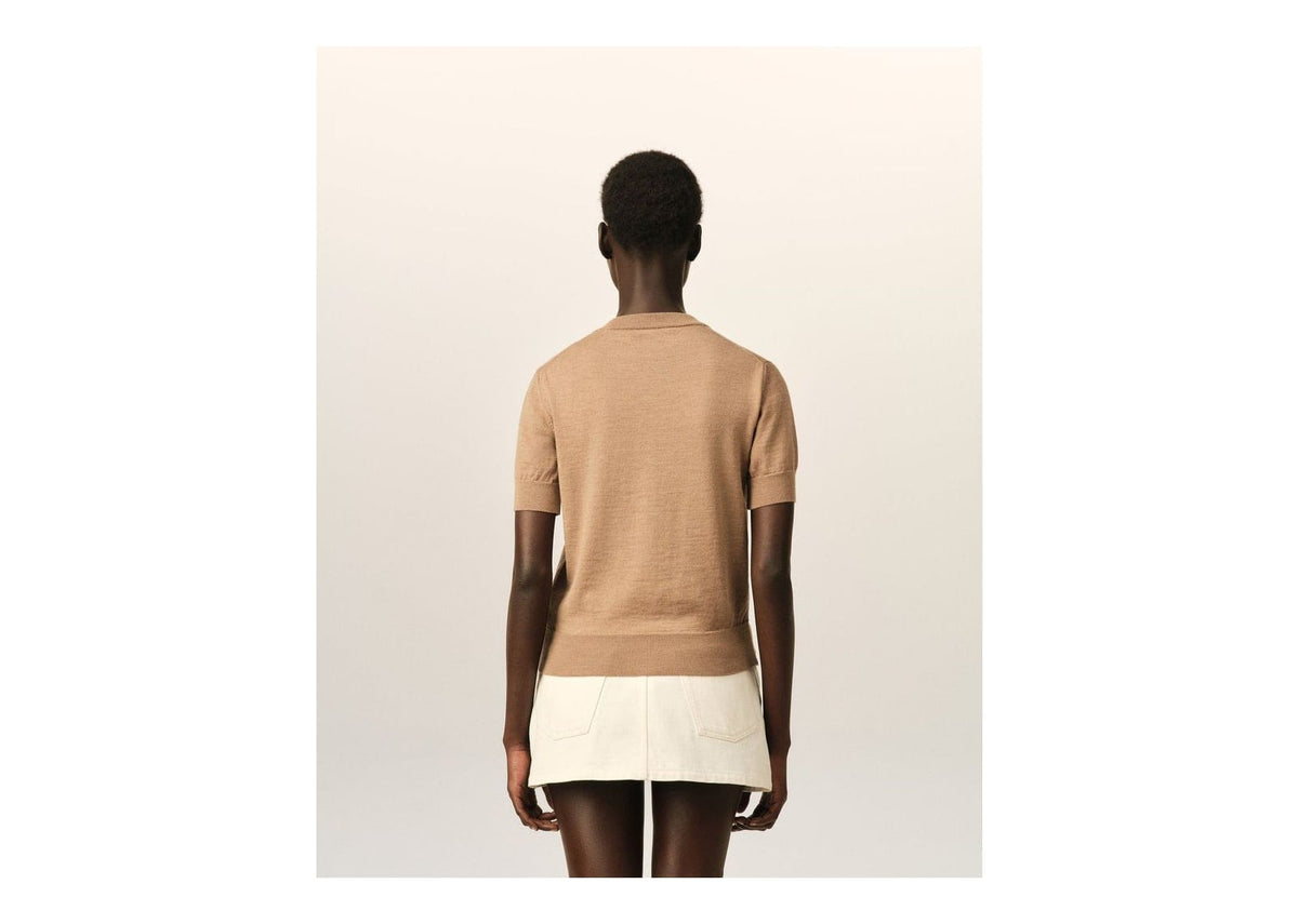 Ami Paris Ami De Coeur Wool Short-Sleeve Cardigan Camel Chine/Black (W)