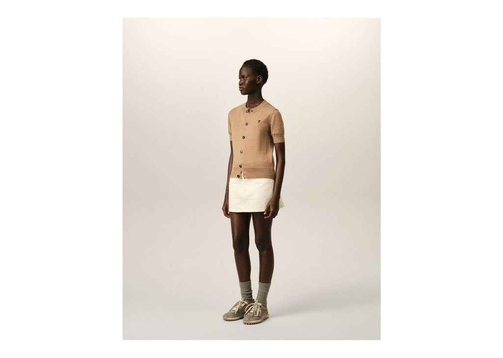Ami Paris Ami De Coeur Wool Short-Sleeve Cardigan Camel Chine/Black (W)