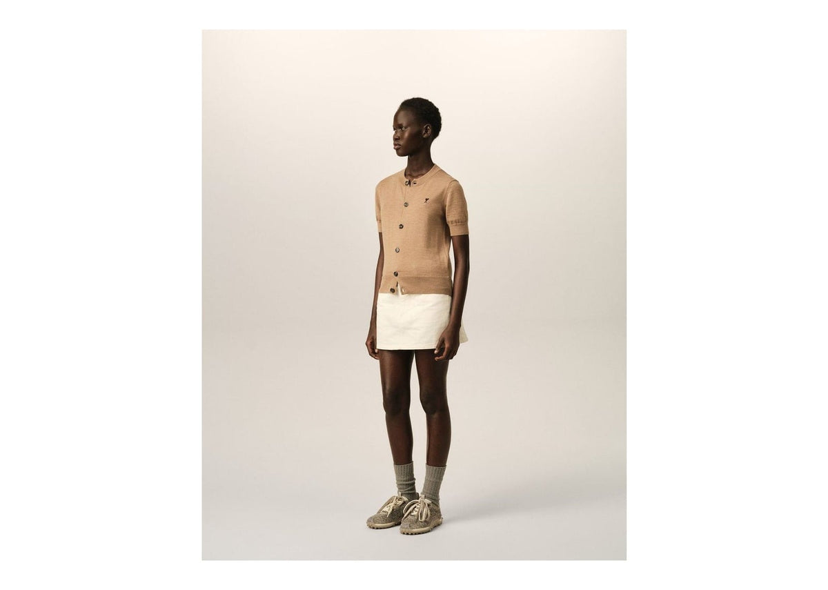 Ami Paris Ami De Coeur Wool Short-Sleeve Cardigan Camel Chine/Black (W)