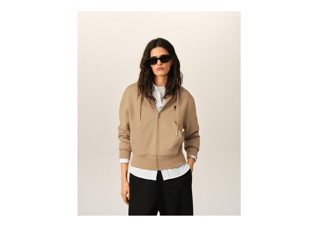 Ami Paris Ami De Coeur Zipped Cotton Hoodie Mastic Beige/Black (W)
