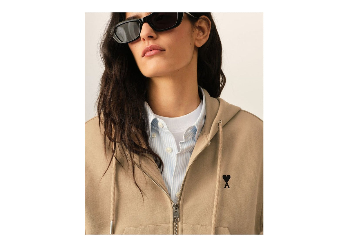 Ami Paris Ami De Coeur Zipped Cotton Hoodie Mastic Beige/Black (W)