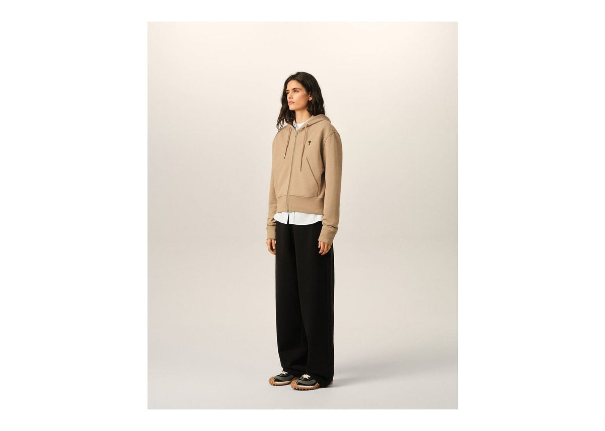 Ami Paris Ami De Coeur Zipped Cotton Hoodie Mastic Beige/Black (W)