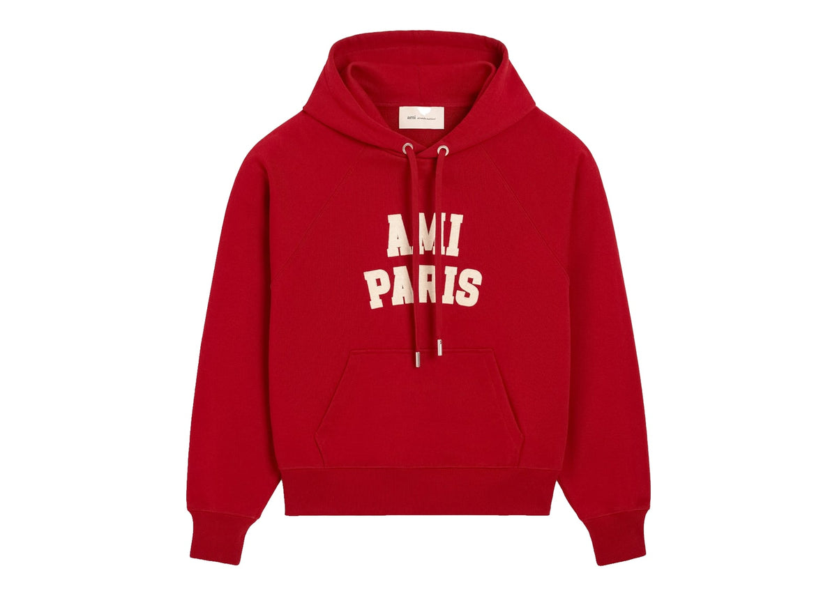 Ami Paris Cotton Hoodie with Ami Paris Embroidery Ruby Red/Ivory
