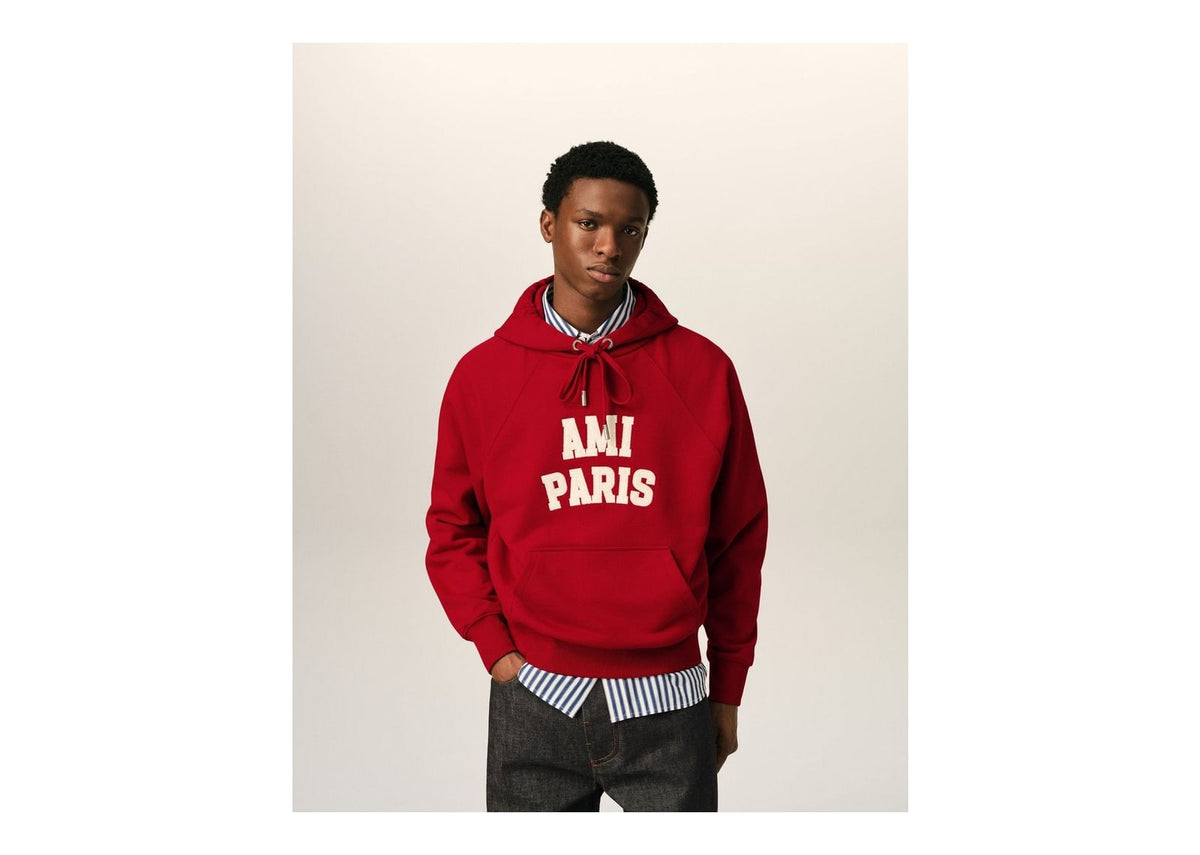 Ami Paris Cotton Hoodie with Ami Paris Embroidery Ruby Red/Ivory
