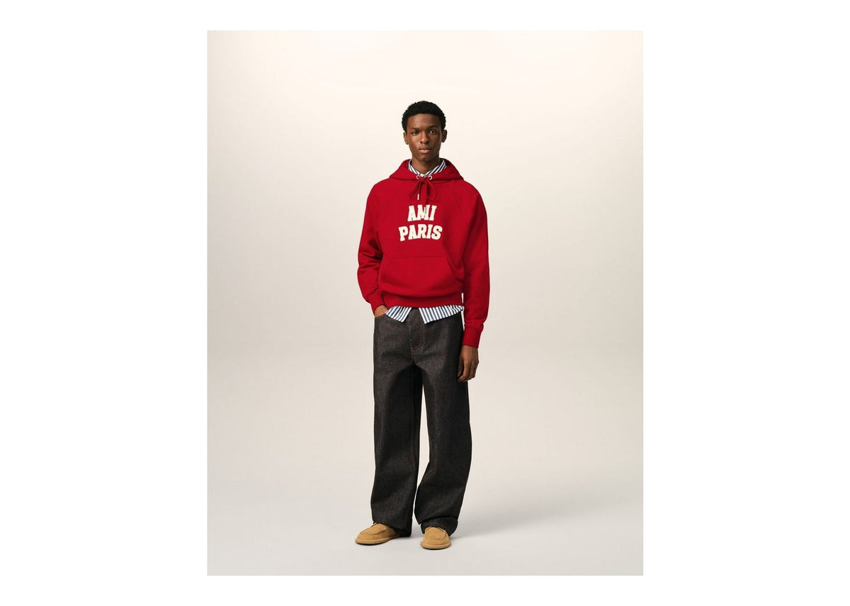 Ami Paris Cotton Hoodie with Ami Paris Embroidery Ruby Red/Ivory