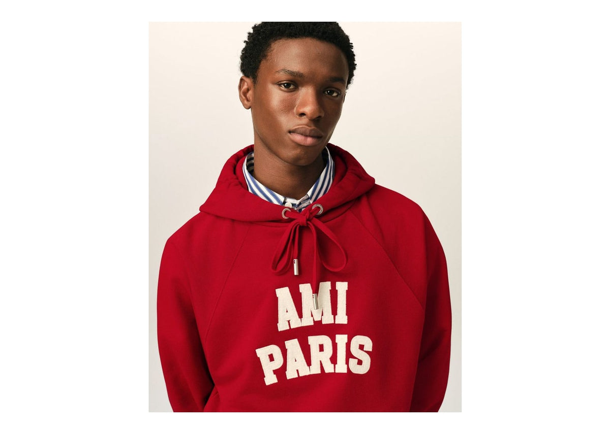 Ami Paris Cotton Hoodie with Ami Paris Embroidery Ruby Red/Ivory