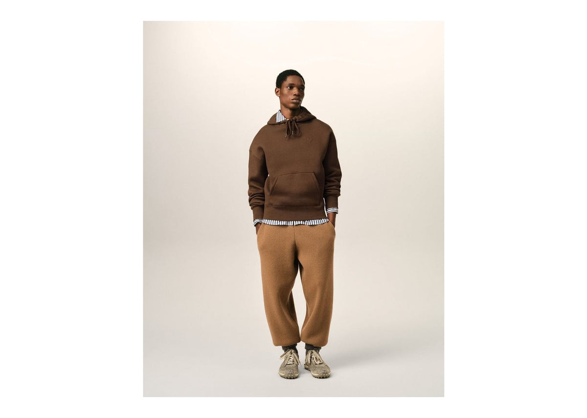 Ami Paris Embossed Ami De Coeur Cotton Hoodie Chocolate Brown