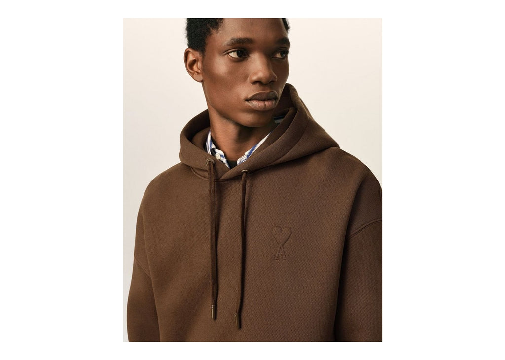 Ami Paris Embossed Ami De Coeur Cotton Hoodie Chocolate Brown