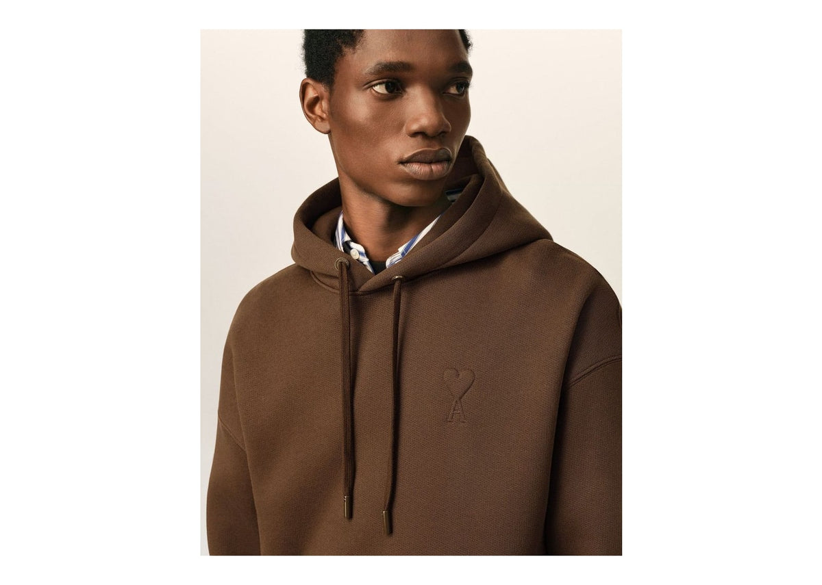 Ami Paris Embossed Ami De Coeur Cotton Hoodie Chocolate Brown