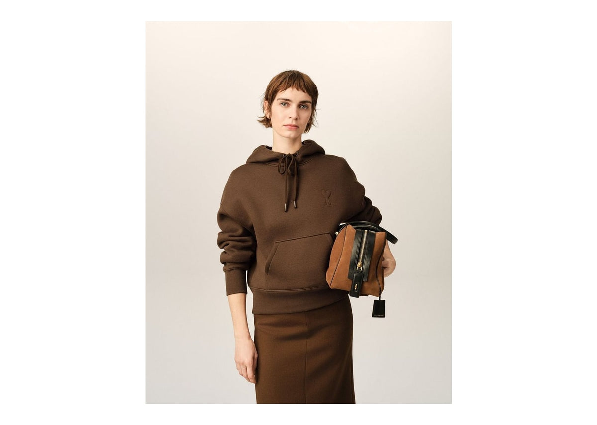 Ami Paris Embossed Ami De Coeur Cotton Hoodie Chocolate Brown