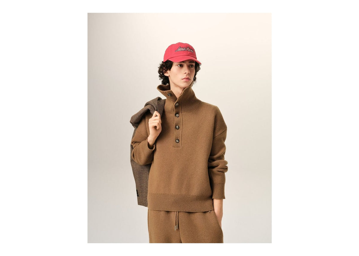 Ami Paris High Buttoned Collar Wool Sweater Camel