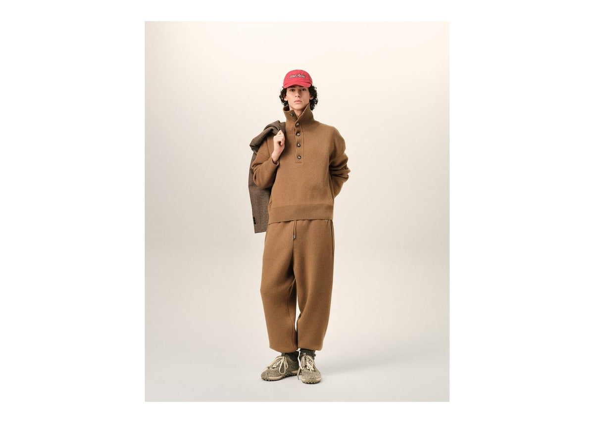 Ami Paris High Buttoned Collar Wool Sweater Camel