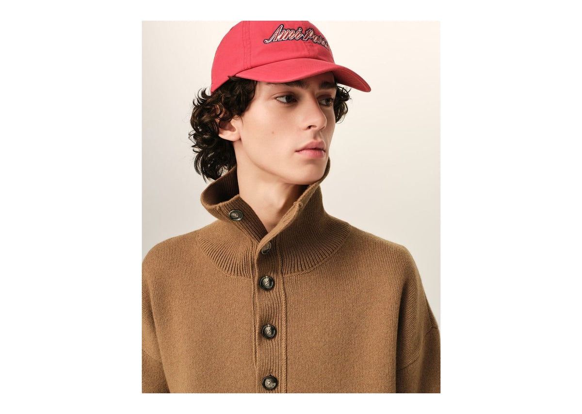 Ami Paris High Buttoned Collar Wool Sweater Camel