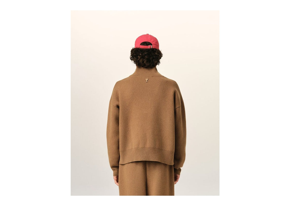 Ami Paris High Buttoned Collar Wool Sweater Camel