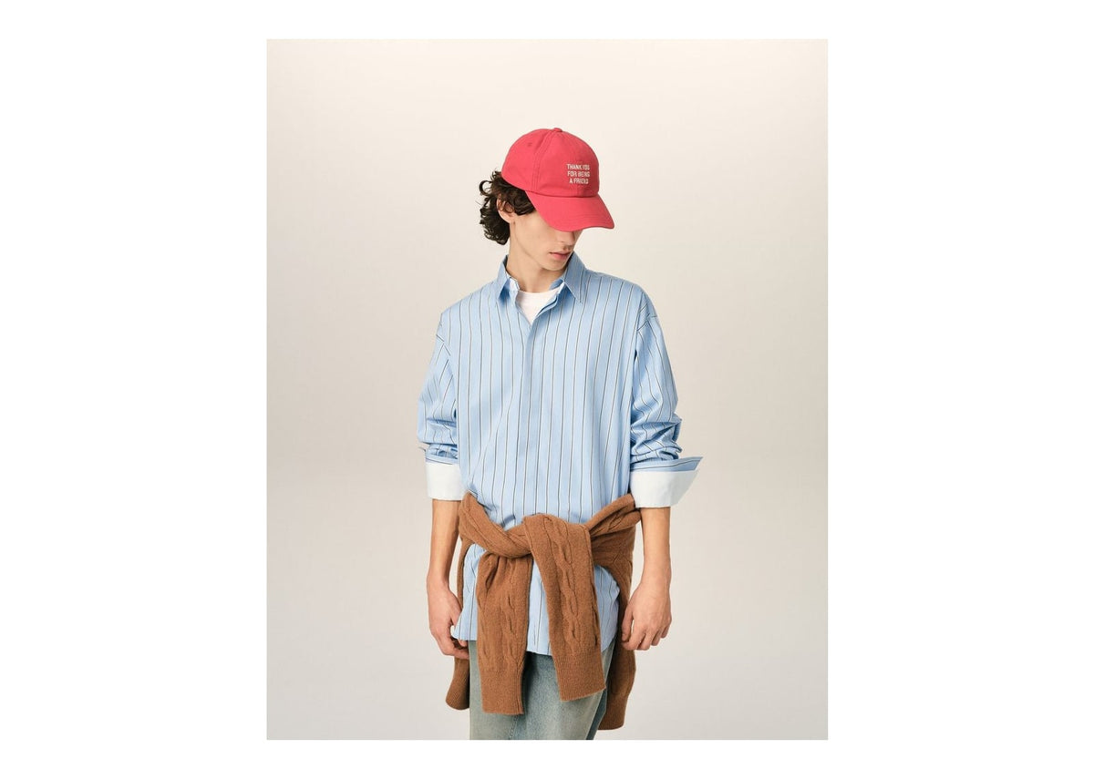 Ami Paris Large Striped Cotton Shirt with Removable Collar Cashmere Blue/Ivory