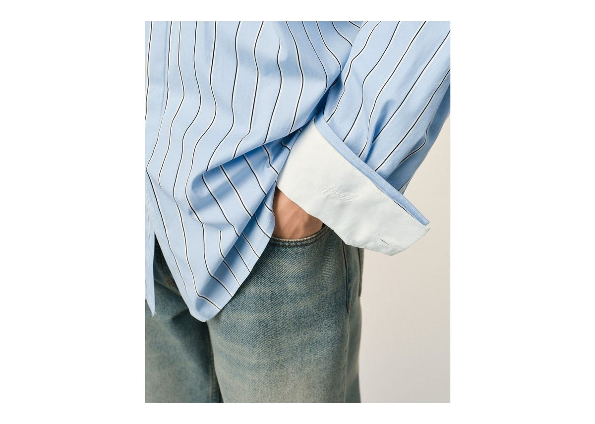 Ami Paris Large Striped Cotton Shirt with Removable Collar Cashmere Blue/Ivory