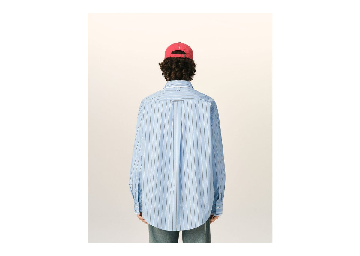 Ami Paris Large Striped Cotton Shirt with Removable Collar Cashmere Blue/Ivory