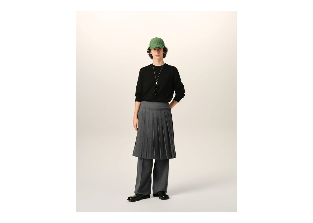 Ami Paris Midi Pleated Wool Skirt Carbon Grey