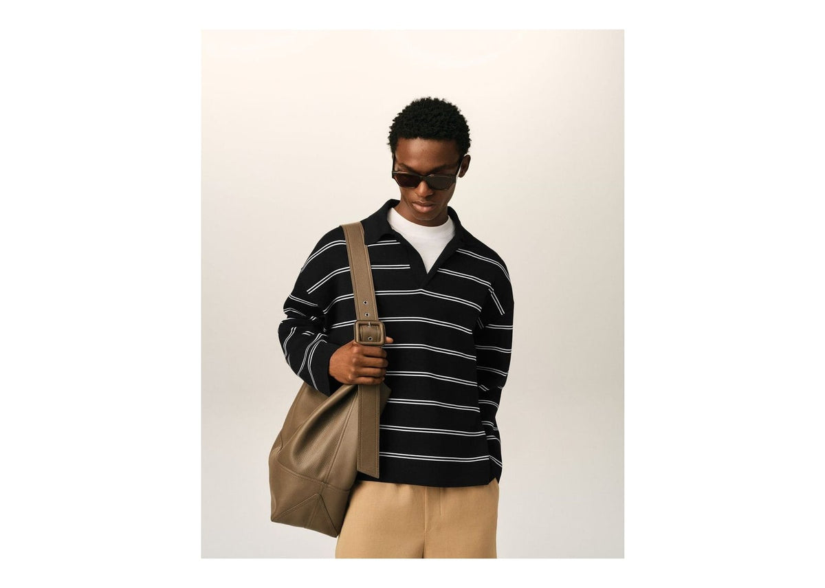 Ami Paris Striped Cotton Polo with Ami Patch Black/White