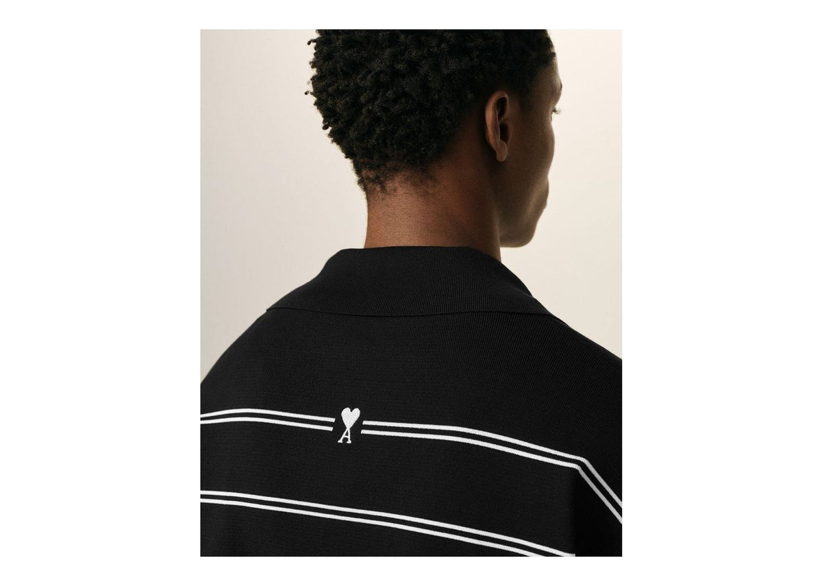 Ami Paris Striped Cotton Polo with Ami Patch Black/White