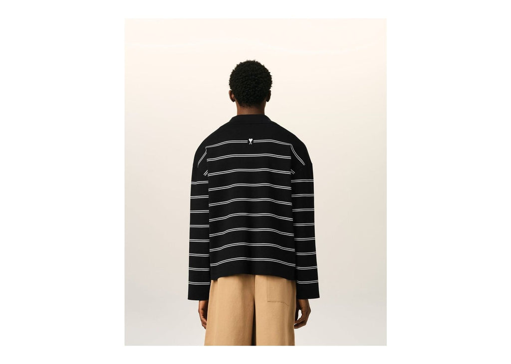 Ami Paris Striped Cotton Polo with Ami Patch Black/White