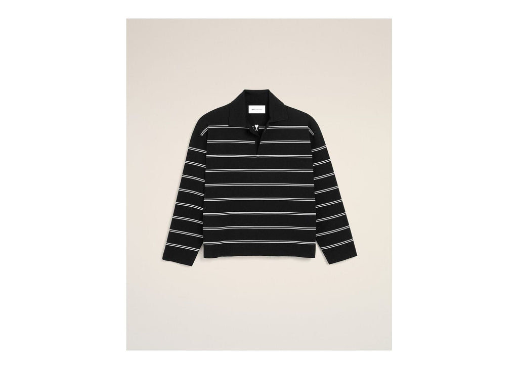 Ami Paris Striped Cotton Polo with Ami Patch Black/White