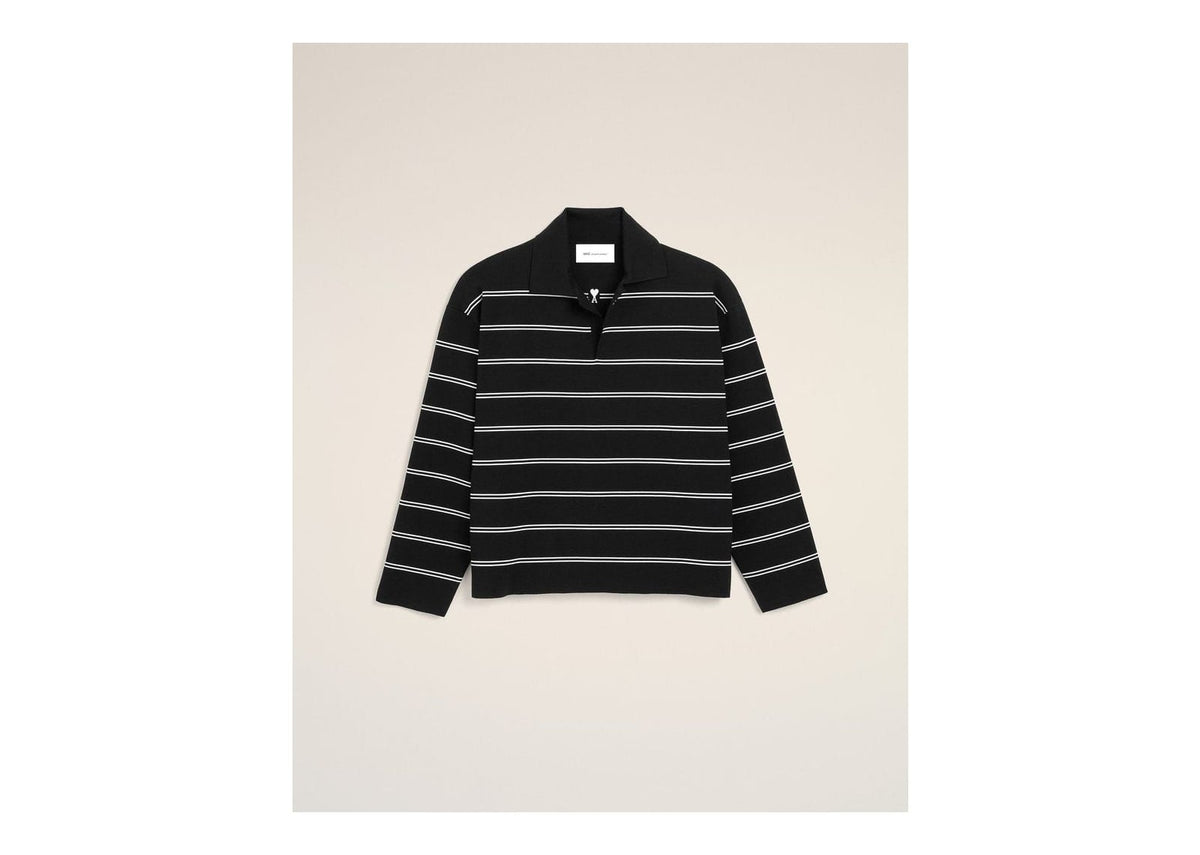 Ami Paris Striped Cotton Polo with Ami Patch Black/White