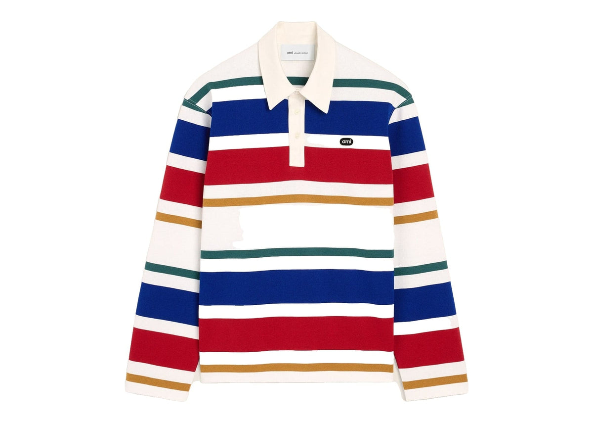 Ami Paris Striped Cotton Polo with Ami Patch White/Blue/Red